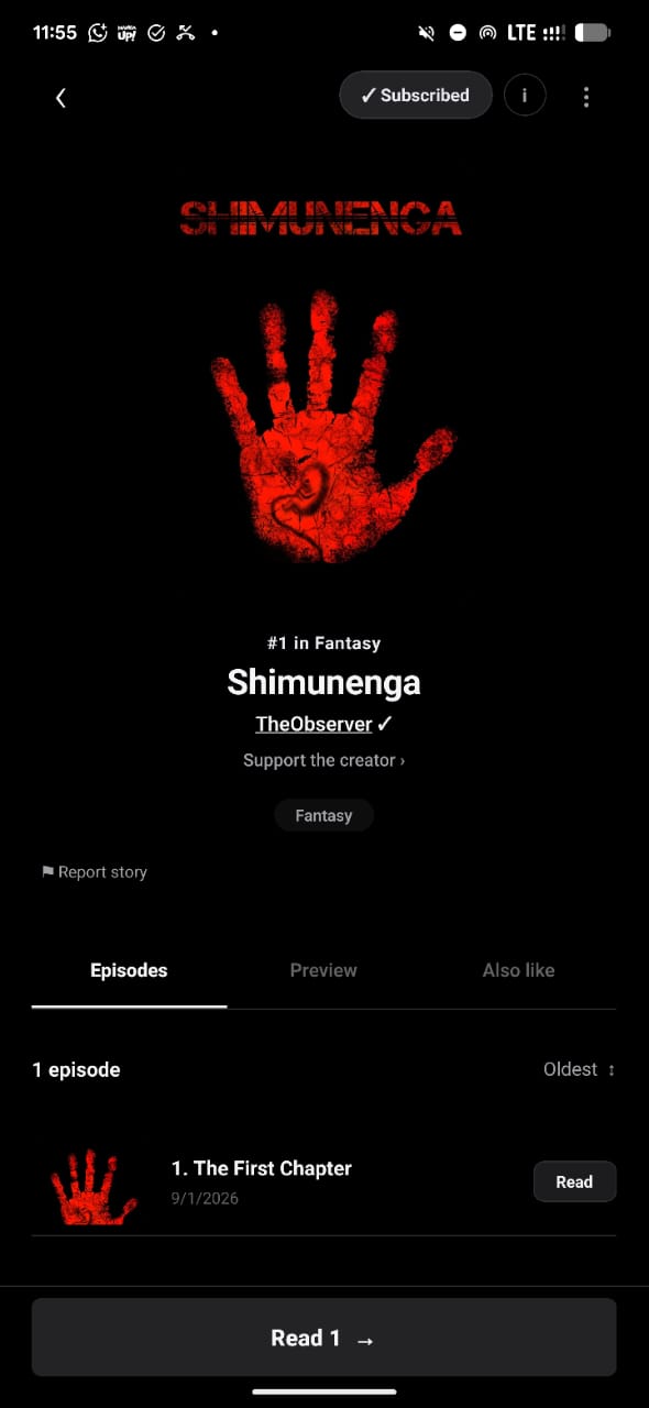 Readagora story page for Shimunenga with its cover artwork and first chapter