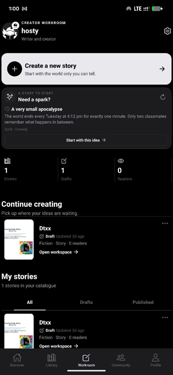 Readagora creator workroom with story creation and writing prompt tools